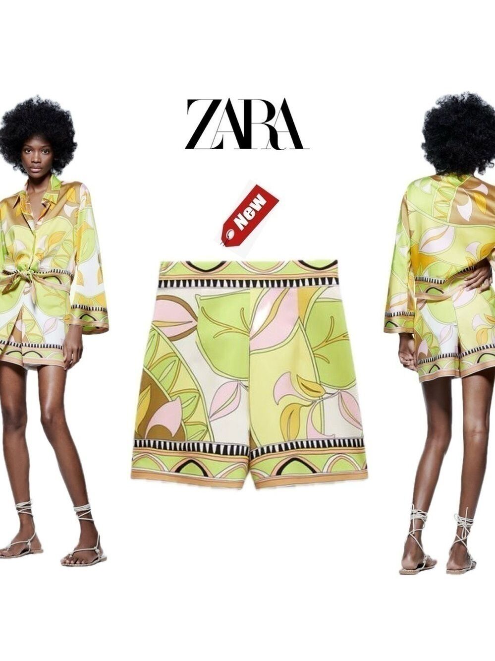 Zara lime green brown tropical print skort skirt Sz S NWT